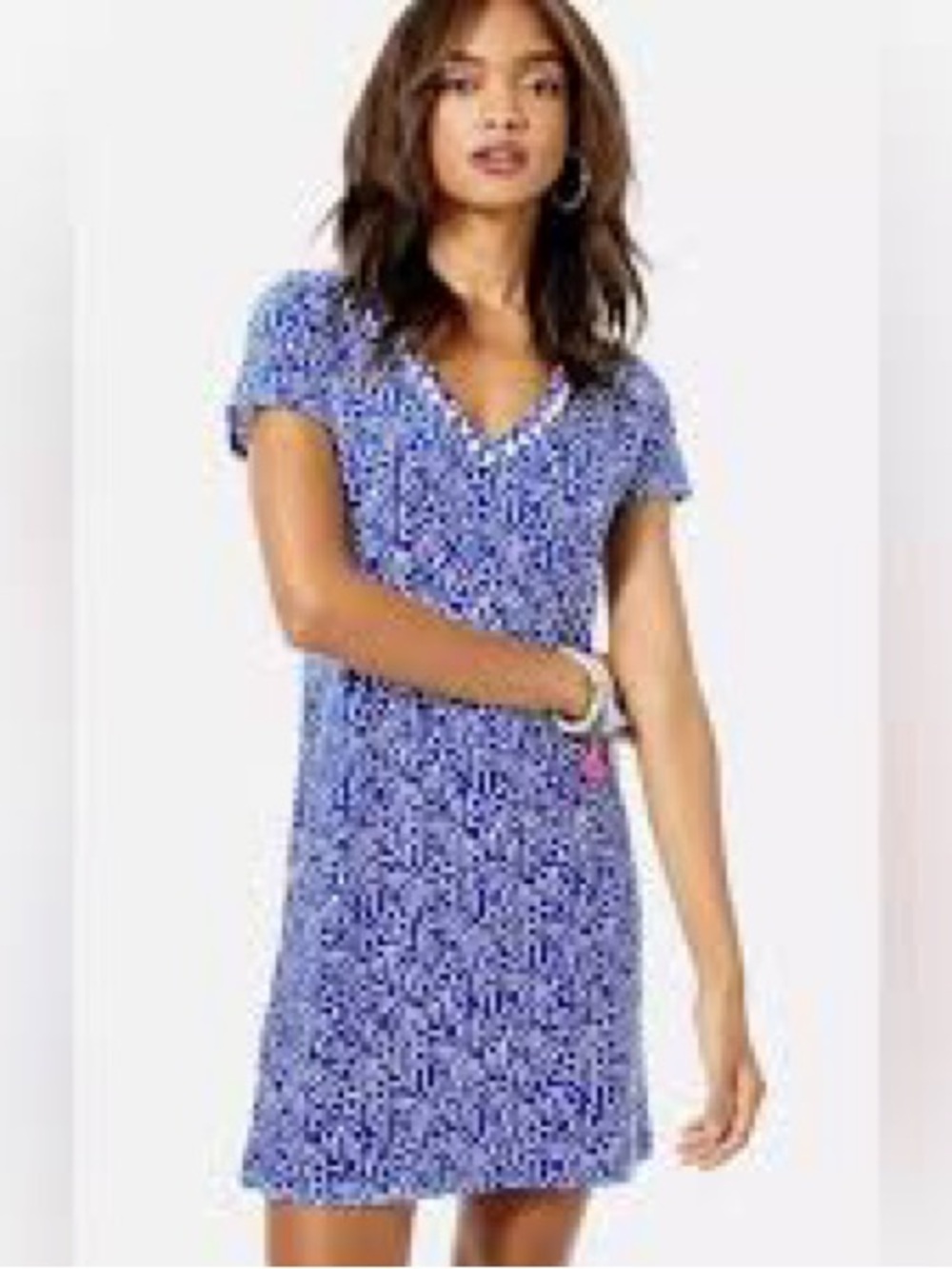 Lilly Pulitzer Etta T Shirt Dress V neck with Pom Pom details Pima Cotton Large